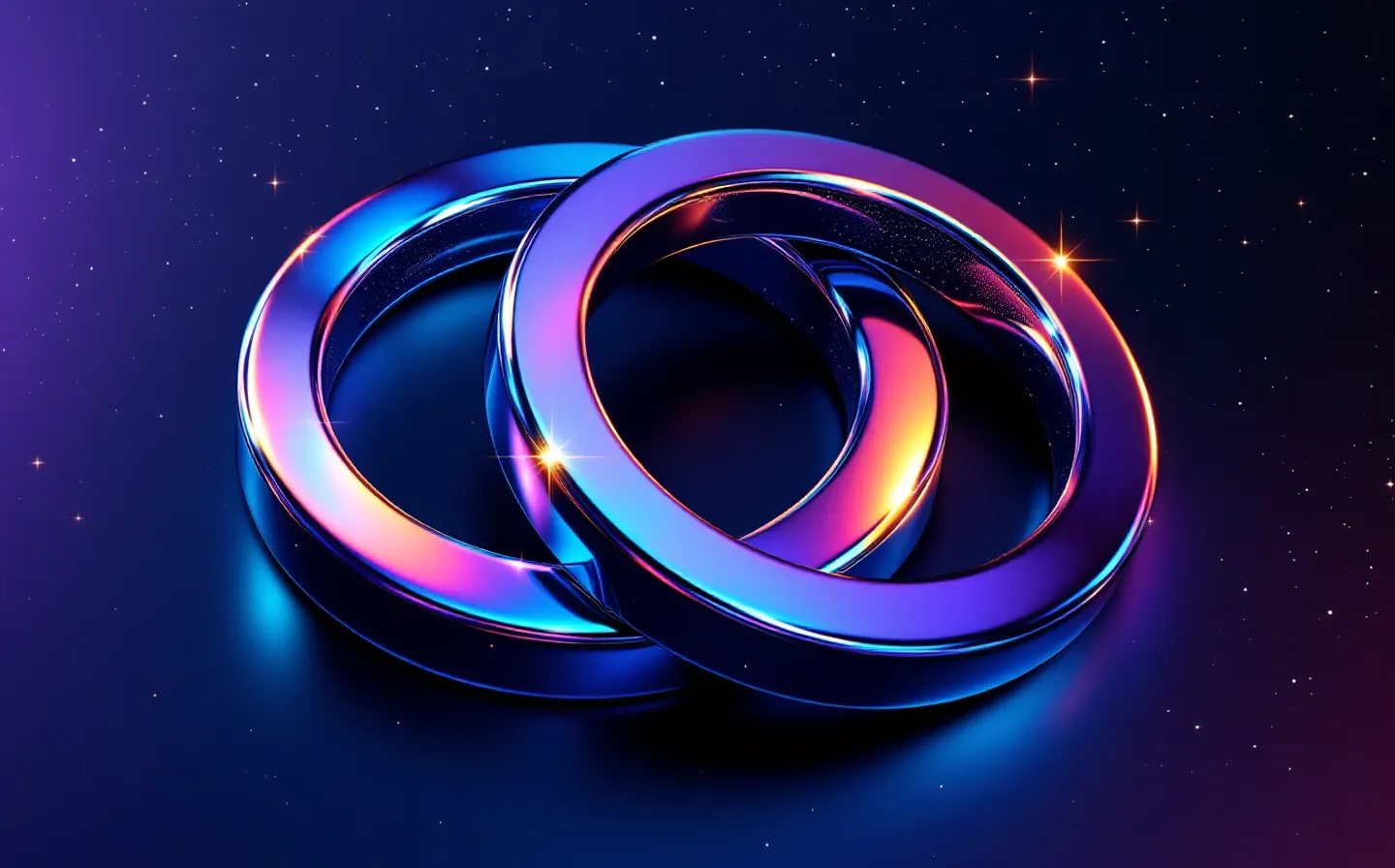 A chrome-and-holographic illustration of two interlocking polished chrome rings joined by a glowing cyan-to-magenta arc, a redox-cycle emblem on a deep midnight-gunmetal ground